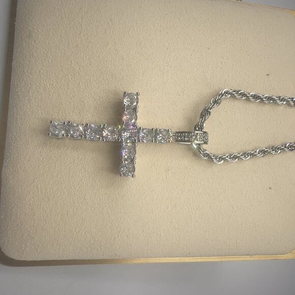 Cubic Zirconia Cross Pendant Necklace With Rope Chain Stainless Steel Silver Pla - Picture 6 of 7